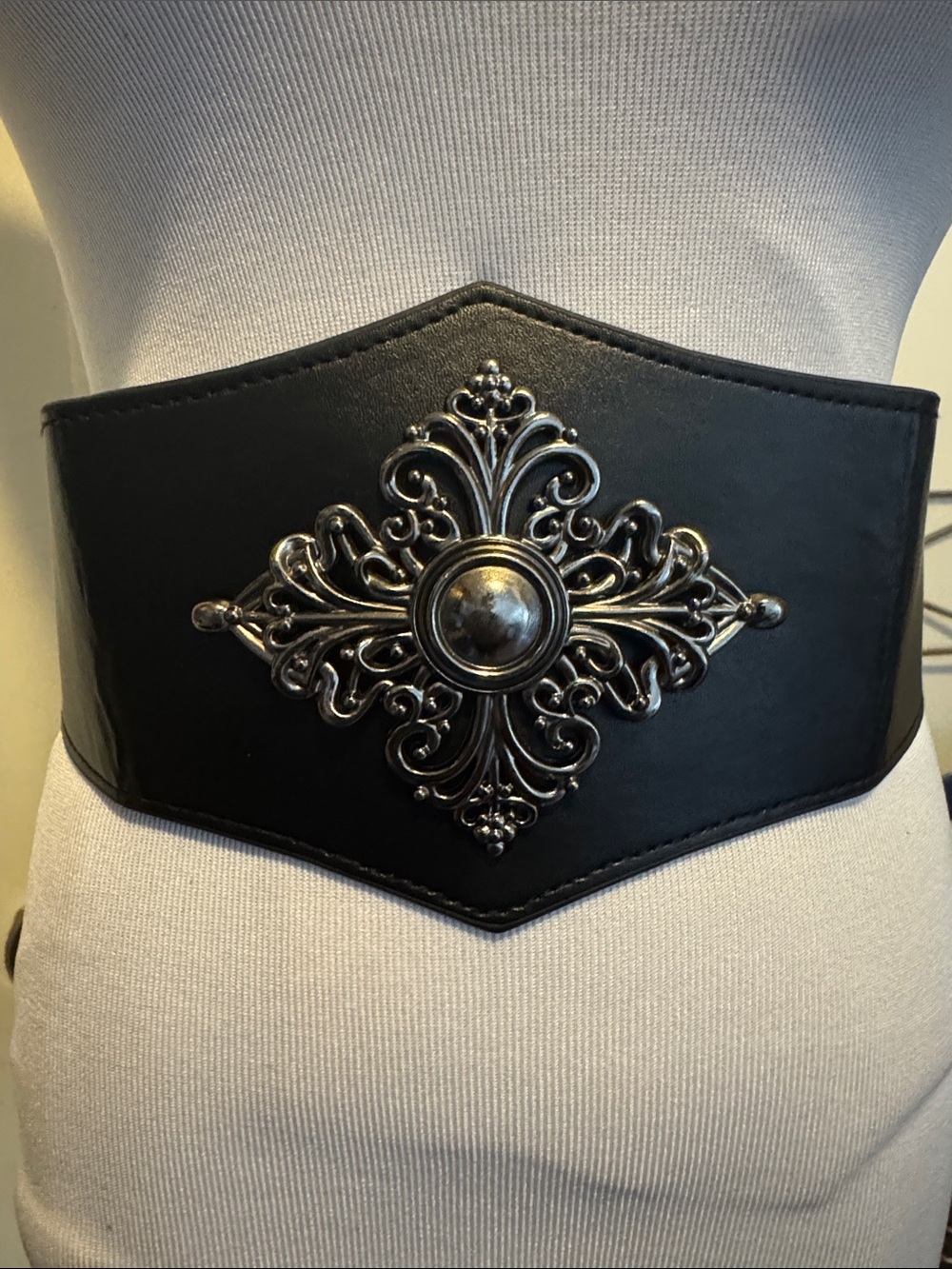 Black Wide Waist Faux Leather Belt with Ornate Silver Medallion